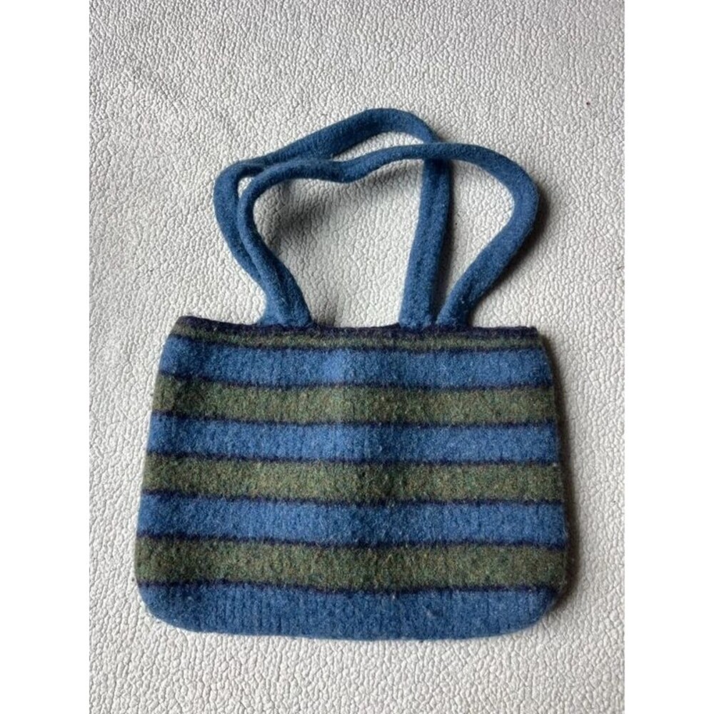 Hand knit Wool Green & Blue Striped Shoulder Tote Bag